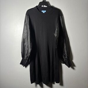 CeCe Black Knit Sheer Puff Bell Sleeve Grunge Sweater Dress XL Womens